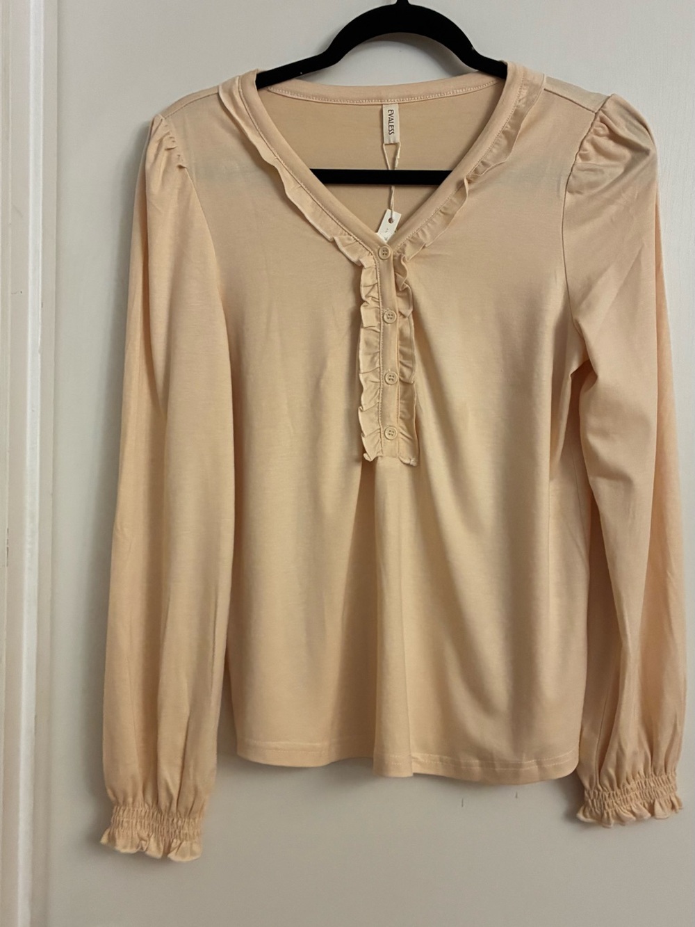 White + Warren Peach Ruffle-Trim Long Sleeve Top